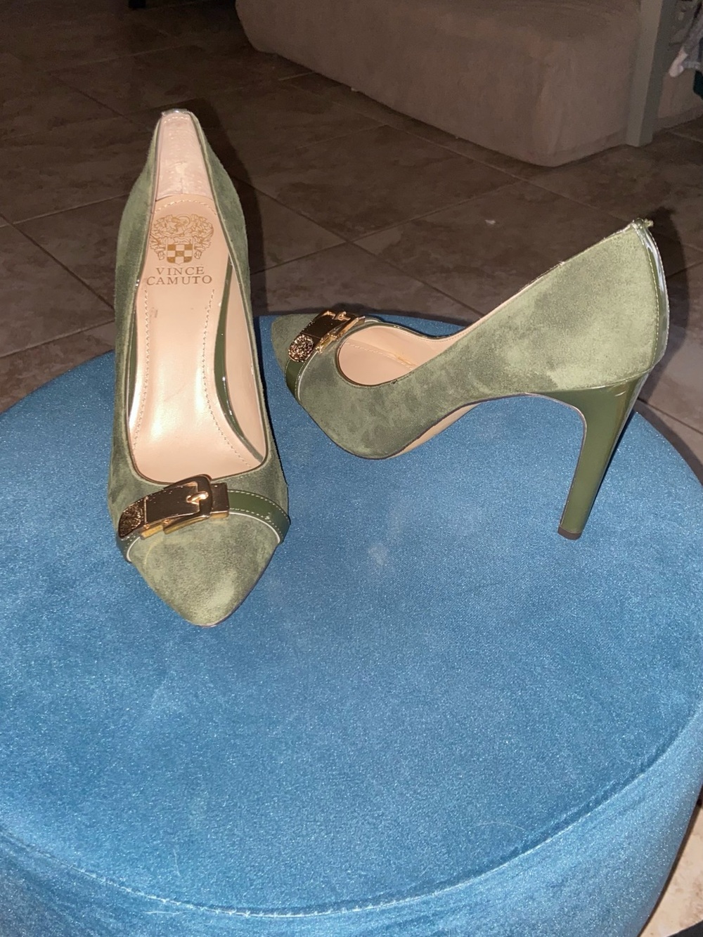 Vince Camuto Olive Suede Pointed-Toe Stiletto Pumps with Gold Buckle